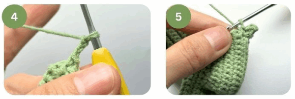 c, 3 ch, starting from the 2nd ch from the hook, work 2 sc in the back bumps