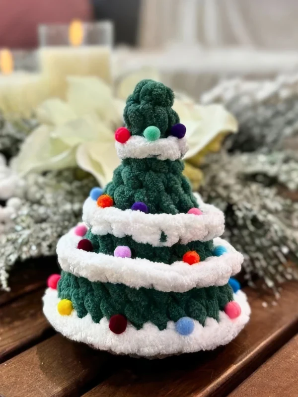 Fluffy Christmas Tree with Pom-Poms Free Crochet Pattern